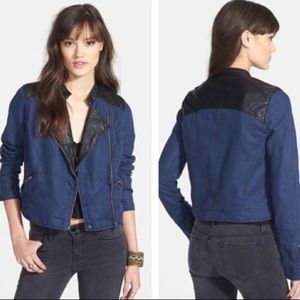Free People Leather Trim Blue Moto Jacket
